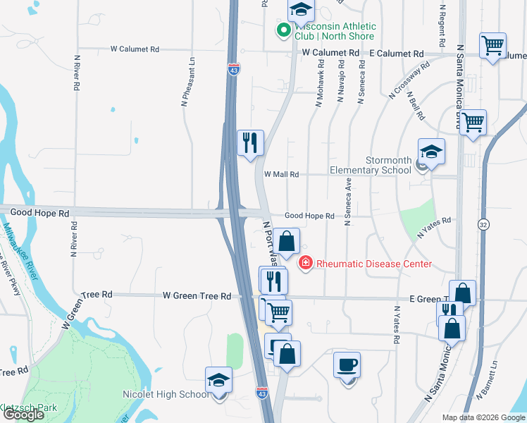 map of restaurants, bars, coffee shops, grocery stores, and more near W Good Hope Rd & N Port Washington Rd in Glendale