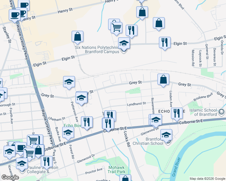 map of restaurants, bars, coffee shops, grocery stores, and more near 16 Cumberland Street in Brantford