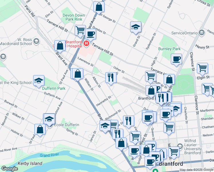 map of restaurants, bars, coffee shops, grocery stores, and more near 133 Pearl Street in Brantford