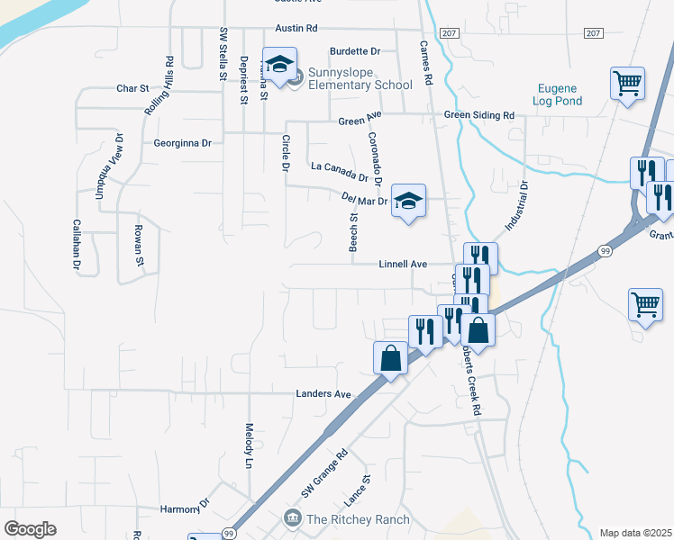 map of restaurants, bars, coffee shops, grocery stores, and more near 421 Southwest Chandler Drive in Roseburg