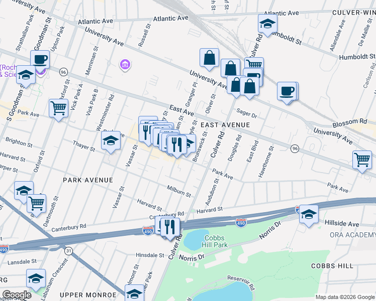 map of restaurants, bars, coffee shops, grocery stores, and more near 126 Argyle Street in Rochester