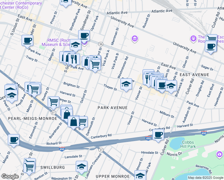 map of restaurants, bars, coffee shops, grocery stores, and more near 202 Westminster Road in Rochester