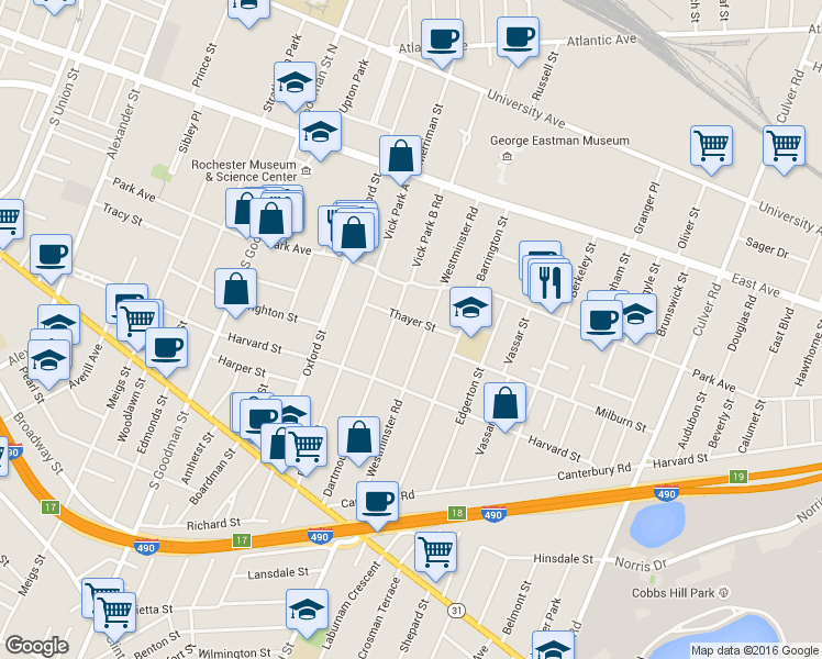 map of restaurants, bars, coffee shops, grocery stores, and more near 84 Dartmouth Street in Rochester
