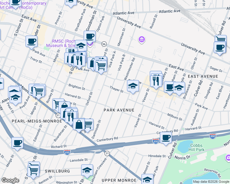 map of restaurants, bars, coffee shops, grocery stores, and more near 84 Dartmouth Street in Rochester