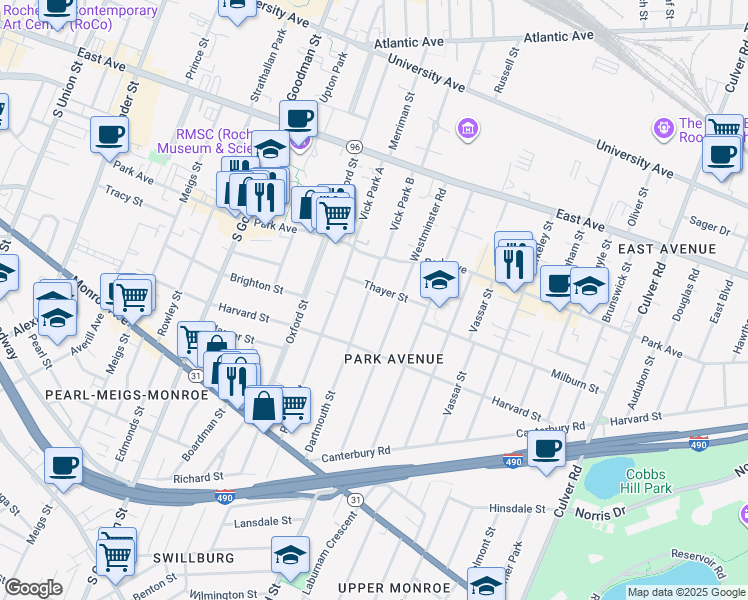 map of restaurants, bars, coffee shops, grocery stores, and more near 84 Dartmouth Street in Rochester