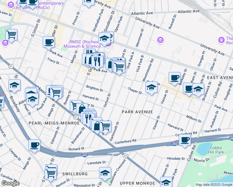 map of restaurants, bars, coffee shops, grocery stores, and more near 96 Rutgers Street in Rochester