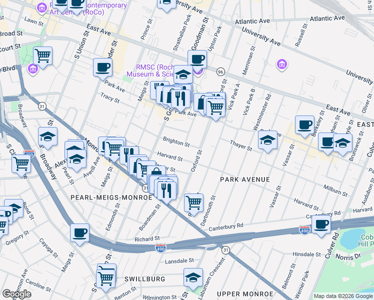map of restaurants, bars, coffee shops, grocery stores, and more near 168 Harvard Street in Rochester