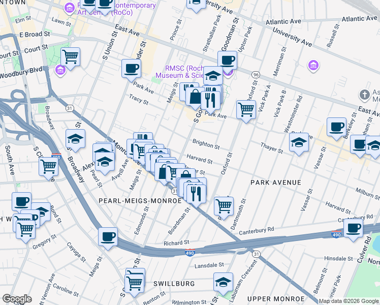 map of restaurants, bars, coffee shops, grocery stores, and more near in Rochester