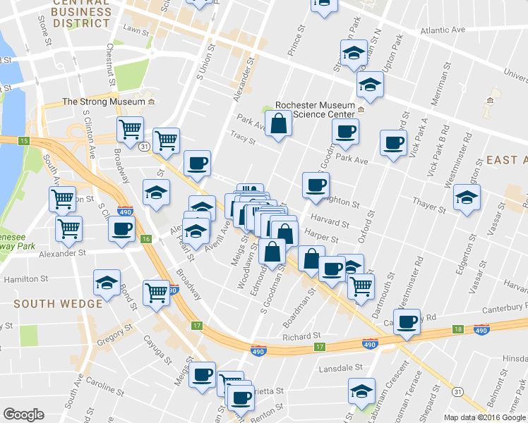 map of restaurants, bars, coffee shops, grocery stores, and more near 55 Rowley Street in Rochester