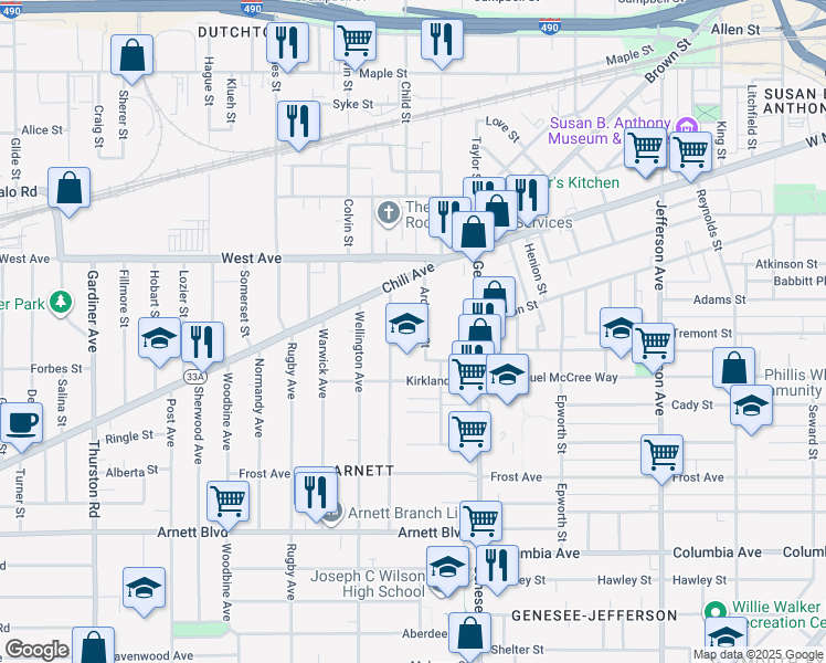 map of restaurants, bars, coffee shops, grocery stores, and more near 88 Kirkland Road in Rochester