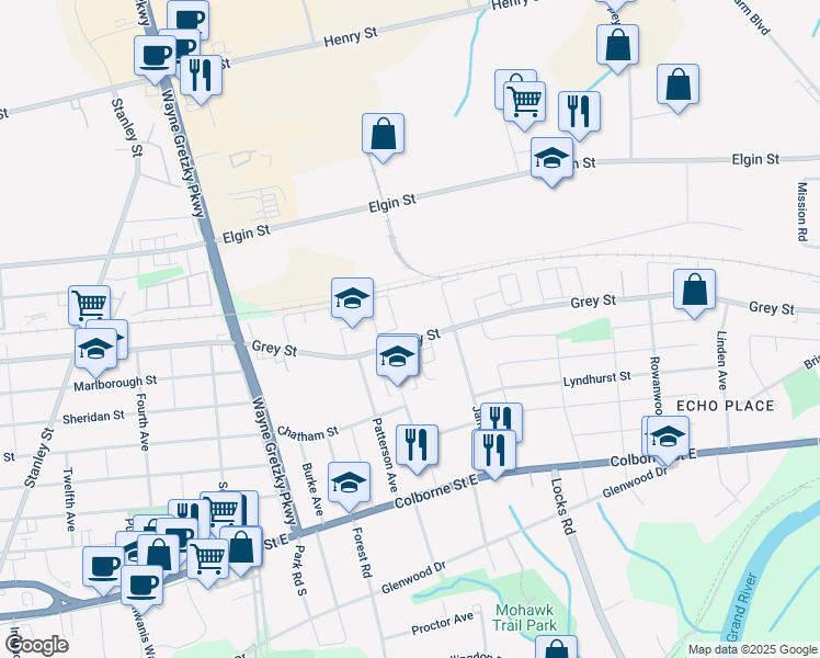 map of restaurants, bars, coffee shops, grocery stores, and more near 492 Grey Street in Brantford