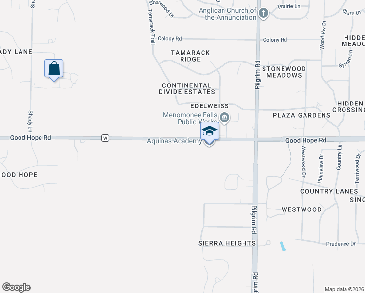 map of restaurants, bars, coffee shops, grocery stores, and more near N72W16075 Good Hope Road in Menomonee Falls