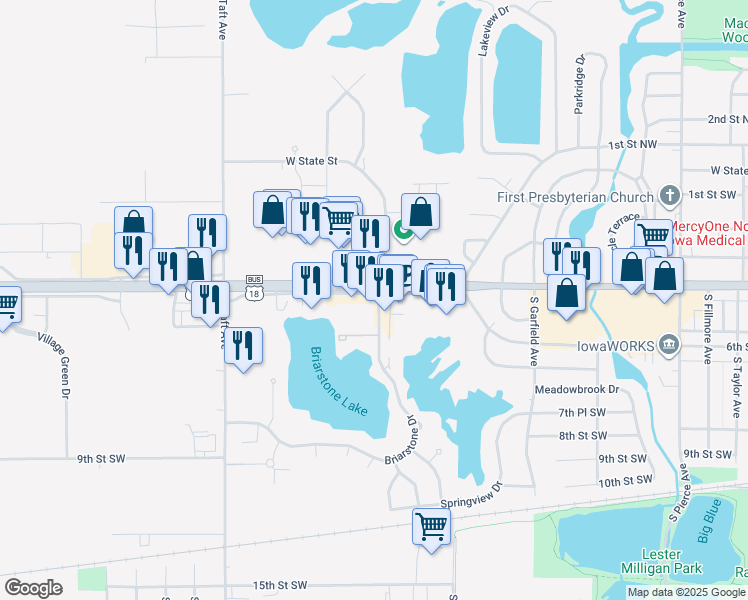 map of restaurants, bars, coffee shops, grocery stores, and more near 2117 4th Street Southwest in Mason City