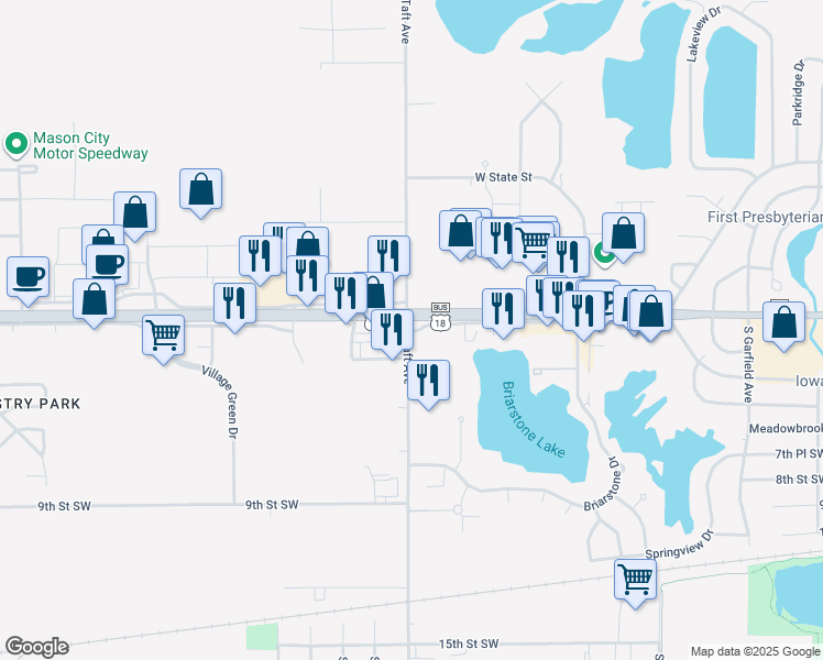 map of restaurants, bars, coffee shops, grocery stores, and more near 459 South Taft Avenue in Mason City