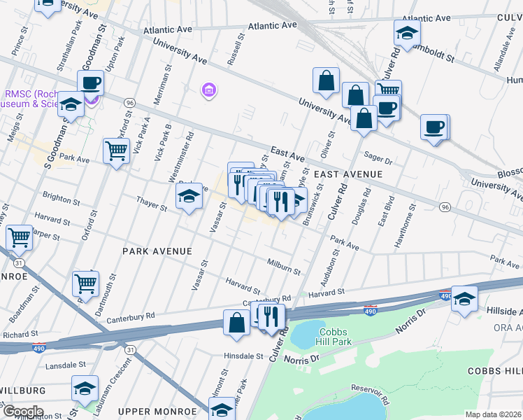 map of restaurants, bars, coffee shops, grocery stores, and more near 696 Park Avenue in Rochester
