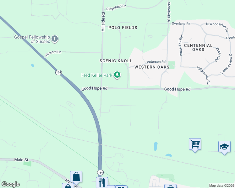 map of restaurants, bars, coffee shops, grocery stores, and more near N71W24906 Wildwood Way in Sussex