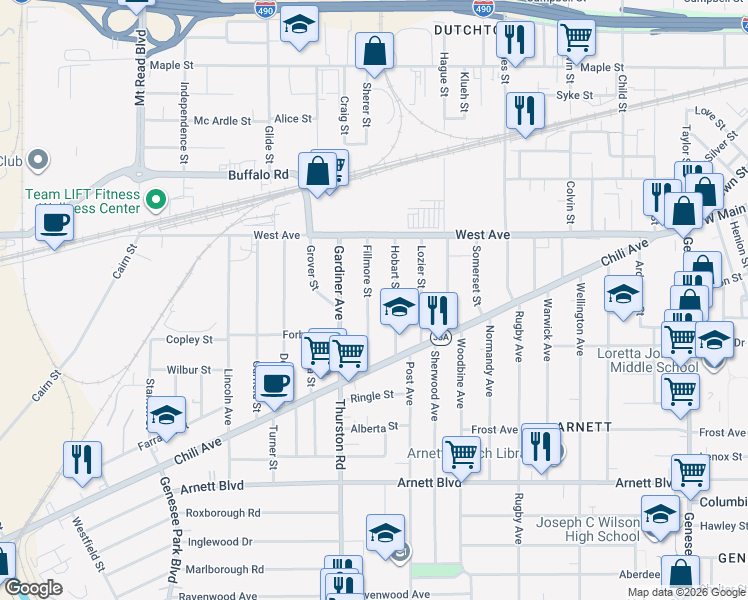 map of restaurants, bars, coffee shops, grocery stores, and more near 96 Fillmore Street in Rochester