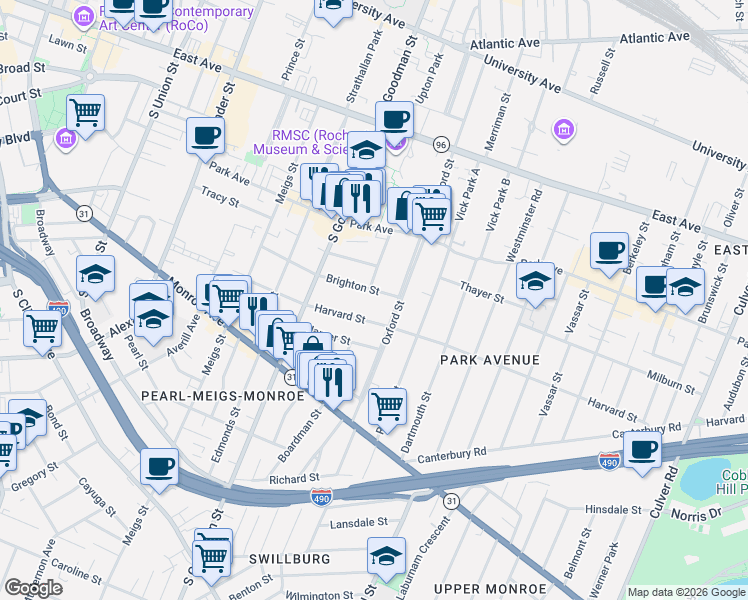 map of restaurants, bars, coffee shops, grocery stores, and more near 168 Harvard Street in Rochester
