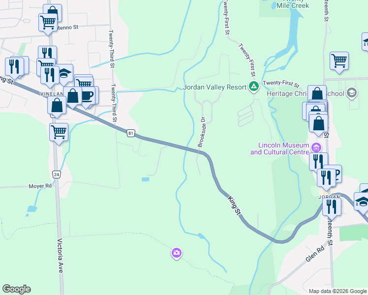 map of restaurants, bars, coffee shops, grocery stores, and more near 3169 Niagara Regional Road 81 in Lincoln