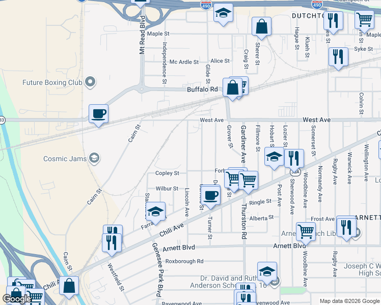 map of restaurants, bars, coffee shops, grocery stores, and more near 119 Garfield Street in Rochester