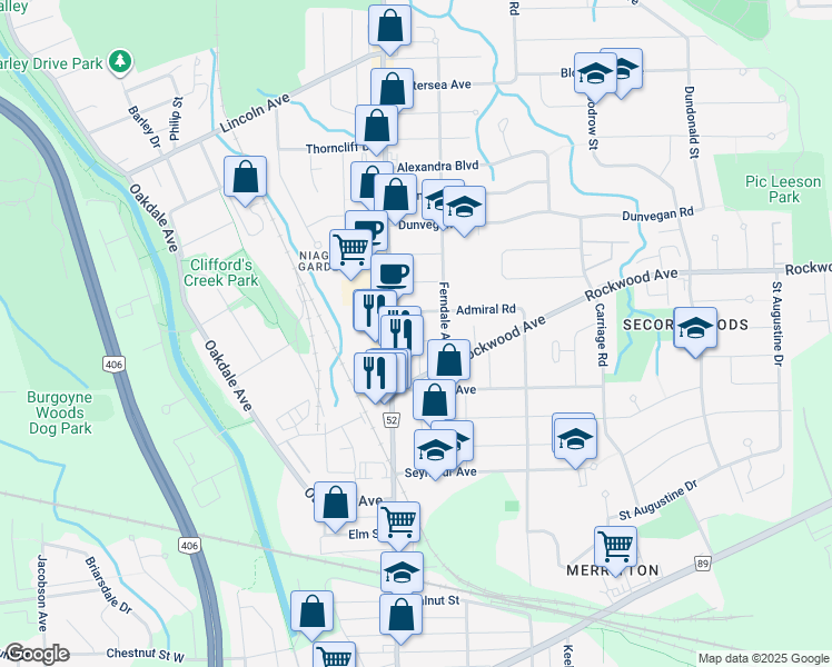 map of restaurants, bars, coffee shops, grocery stores, and more near 7 Clarendon Avenue in St. Catharines