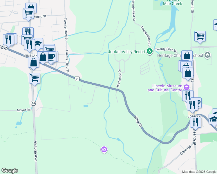 map of restaurants, bars, coffee shops, grocery stores, and more near 3169 Niagara Regional Road 81 in Lincoln