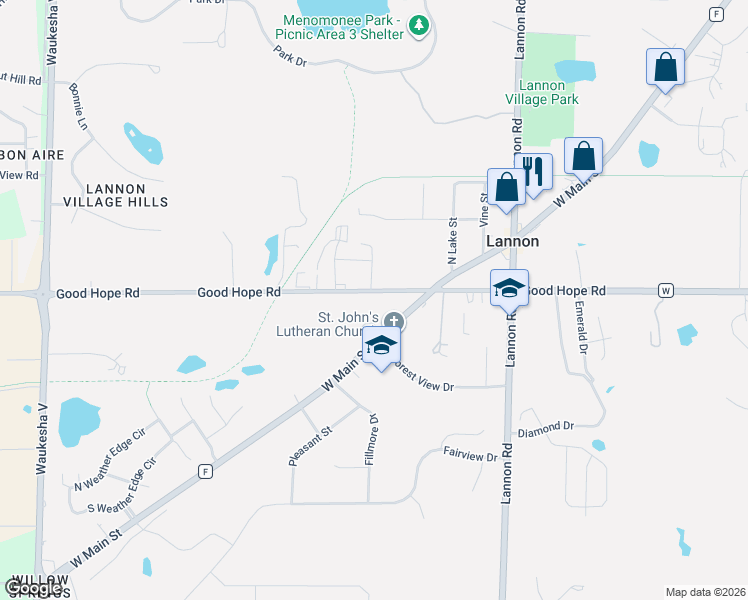 map of restaurants, bars, coffee shops, grocery stores, and more near 20887 Good Hope Road in Lannon