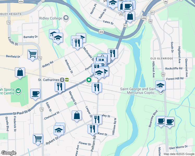 map of restaurants, bars, coffee shops, grocery stores, and more near 4 Pelham Road in St. Catharines