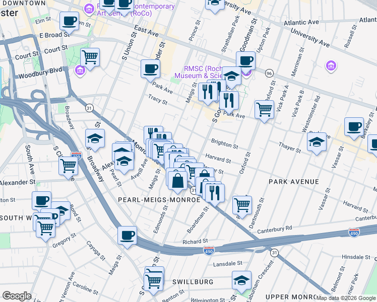 map of restaurants, bars, coffee shops, grocery stores, and more near 315 South Goodman Street in Rochester