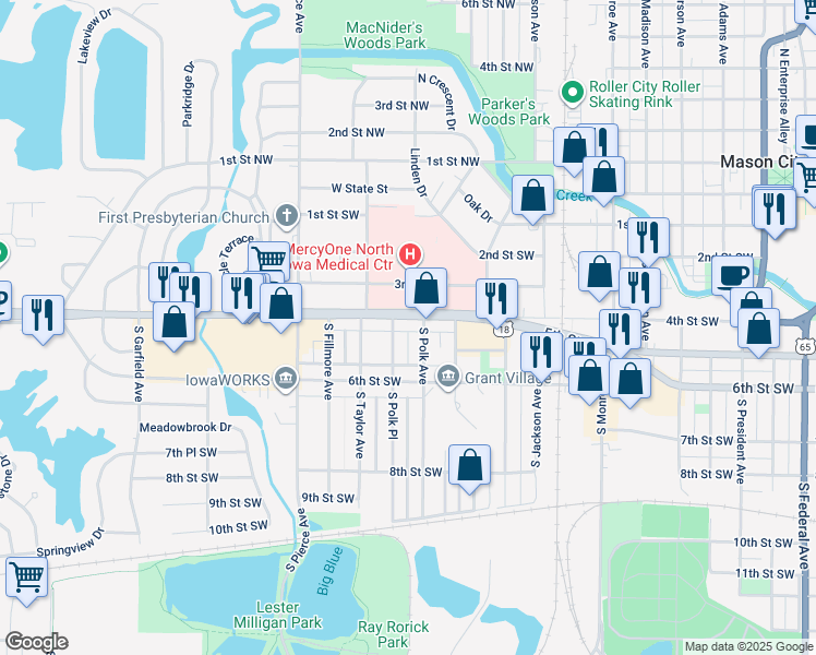 map of restaurants, bars, coffee shops, grocery stores, and more near 423 South Polk Avenue in Mason City