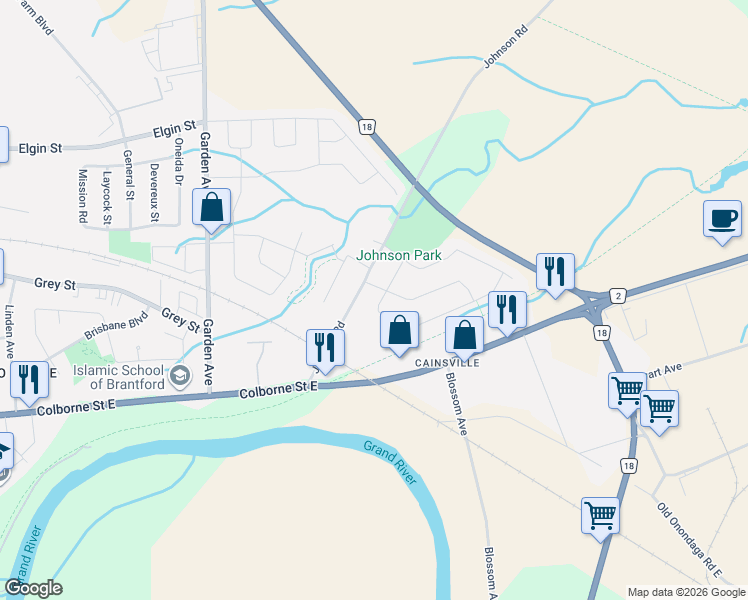 map of restaurants, bars, coffee shops, grocery stores, and more near 27 Barrett Avenue in Brantford