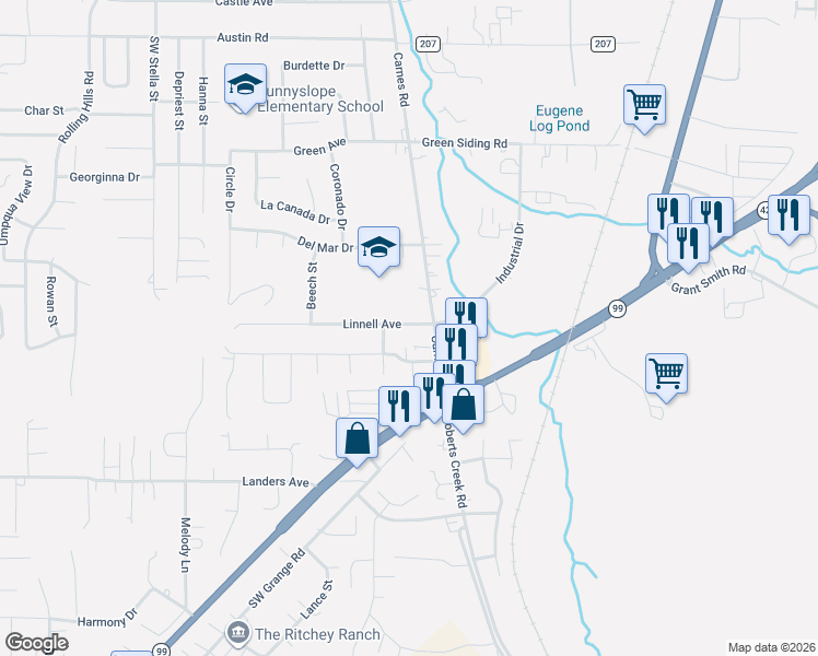 map of restaurants, bars, coffee shops, grocery stores, and more near 163 Southwest Chandler Drive in Roseburg