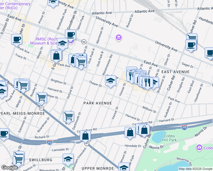 map of restaurants, bars, coffee shops, grocery stores, and more near 170 Barrington Street in Rochester