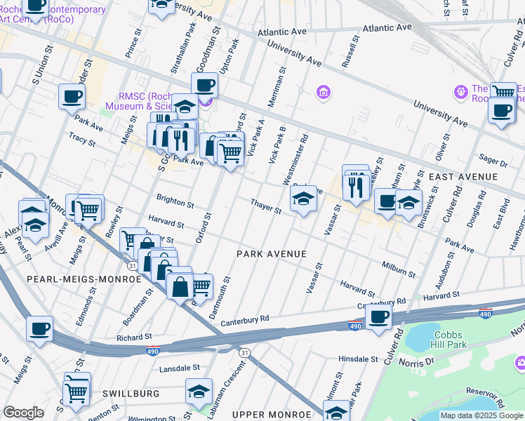 map of restaurants, bars, coffee shops, grocery stores, and more near 84 Dartmouth Street in Rochester