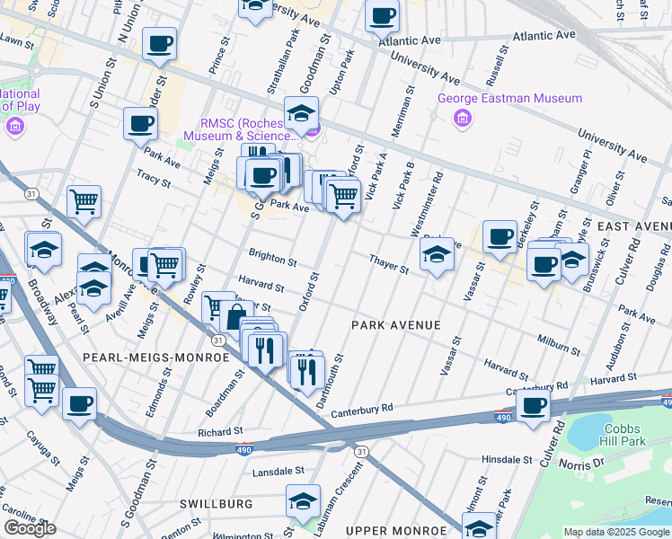 map of restaurants, bars, coffee shops, grocery stores, and more near 96 Rutgers Street in Rochester