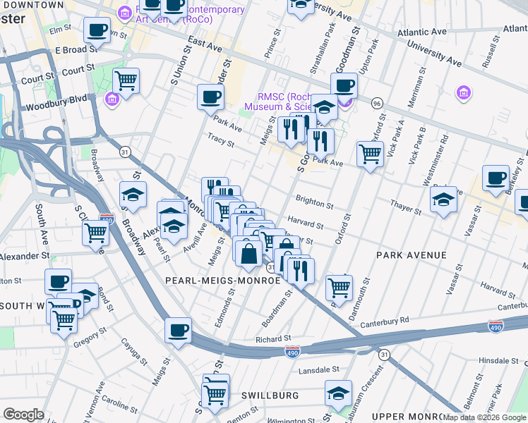 map of restaurants, bars, coffee shops, grocery stores, and more near 315 South Goodman Street in Rochester