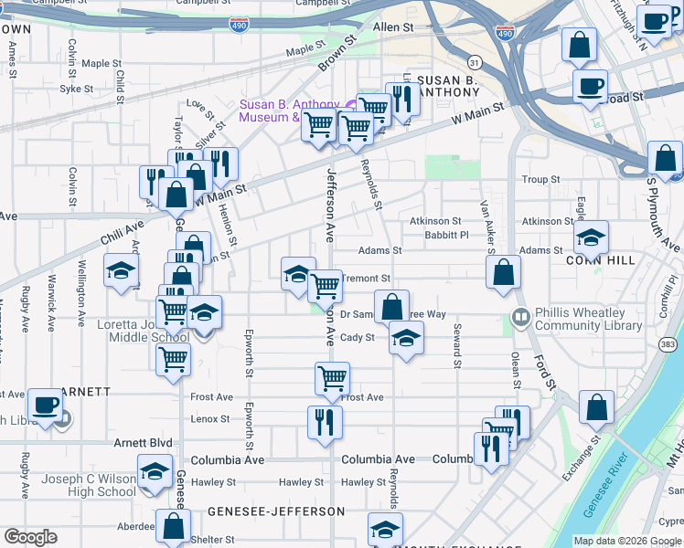 map of restaurants, bars, coffee shops, grocery stores, and more near 58 Jefferson Terrace in Rochester