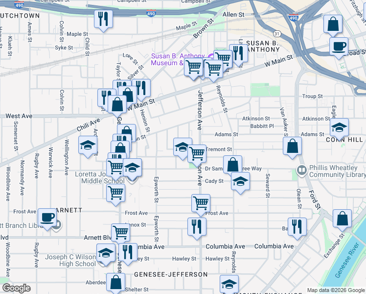 map of restaurants, bars, coffee shops, grocery stores, and more near 565 Tremont Street in Rochester