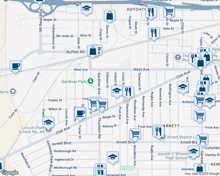 map of restaurants, bars, coffee shops, grocery stores, and more near 113 Hobart Street in Rochester