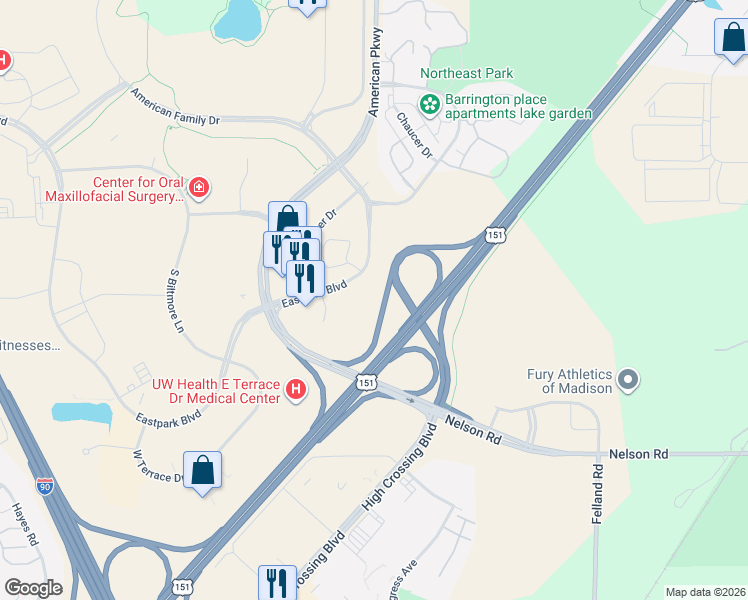 map of restaurants, bars, coffee shops, grocery stores, and more near 5601 South Park Street in Madison