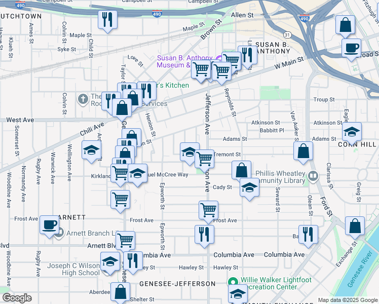 map of restaurants, bars, coffee shops, grocery stores, and more near 552 Tremont Street in Rochester