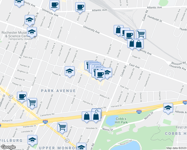 map of restaurants, bars, coffee shops, grocery stores, and more near 682 Park Avenue in Rochester