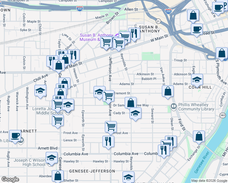 map of restaurants, bars, coffee shops, grocery stores, and more near 58 Jefferson Terrace in Rochester