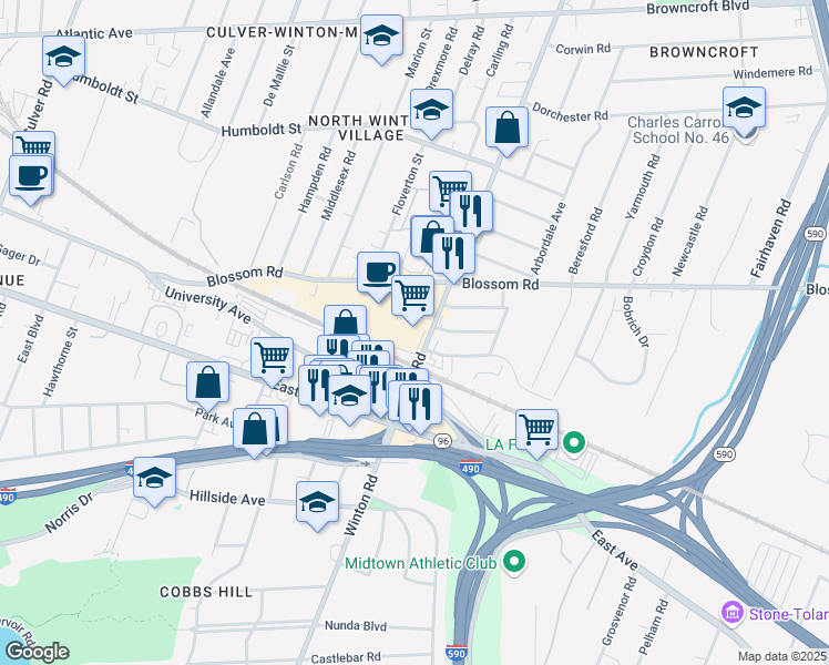 map of restaurants, bars, coffee shops, grocery stores, and more near 175 Winton Road North in Rochester