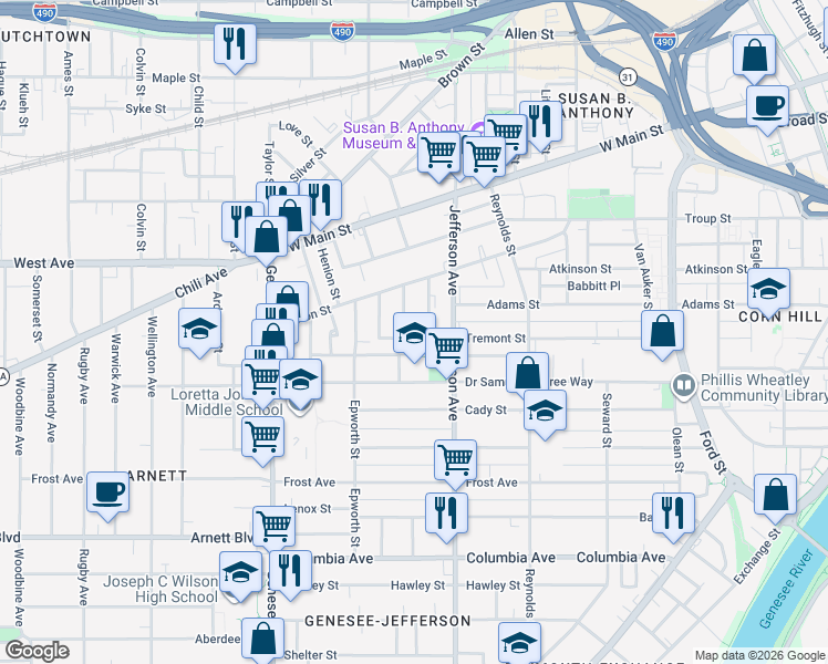map of restaurants, bars, coffee shops, grocery stores, and more near 565 Tremont Street in Rochester