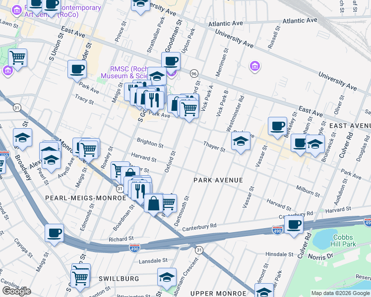 map of restaurants, bars, coffee shops, grocery stores, and more near 96 Rutgers Street in Rochester