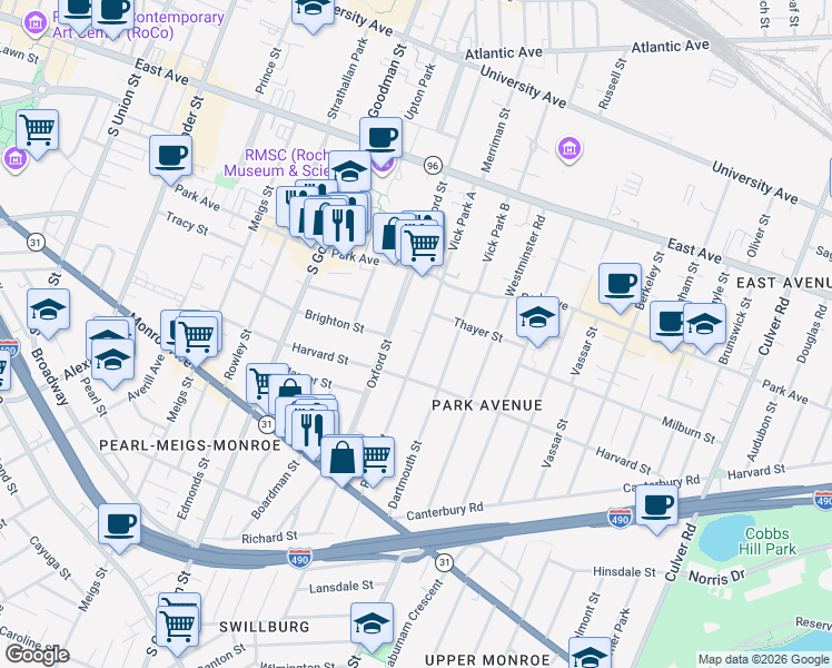 map of restaurants, bars, coffee shops, grocery stores, and more near 96 Rutgers Street in Rochester