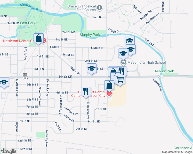 map of restaurants, bars, coffee shops, grocery stores, and more near 1421 4th Street Southeast in Mason City