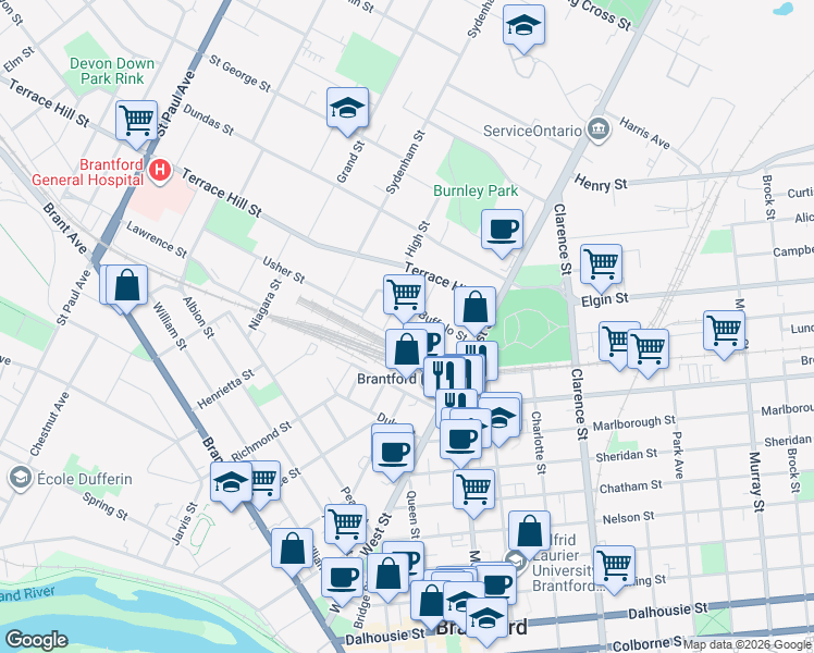 map of restaurants, bars, coffee shops, grocery stores, and more near in Brantford