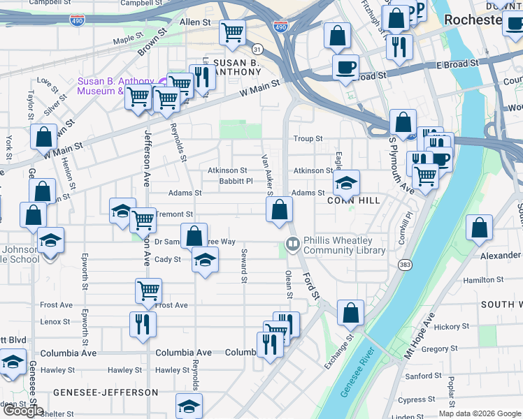 map of restaurants, bars, coffee shops, grocery stores, and more near 248 Tremont Street in Rochester
